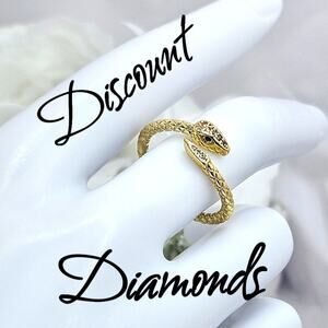 14K Yellow Gold on 925 Silver Serpent Ring with Green Zircon Eyes 
